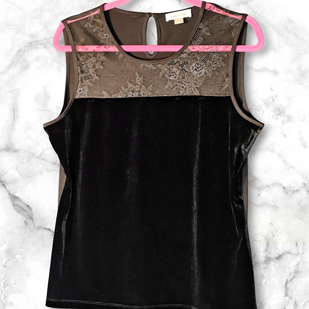 CK black velvet and lace sleeveless blouse.